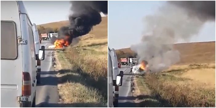 Accident în apropiere de Timișoara. O masină a luat foc după ce s-a răsturnat